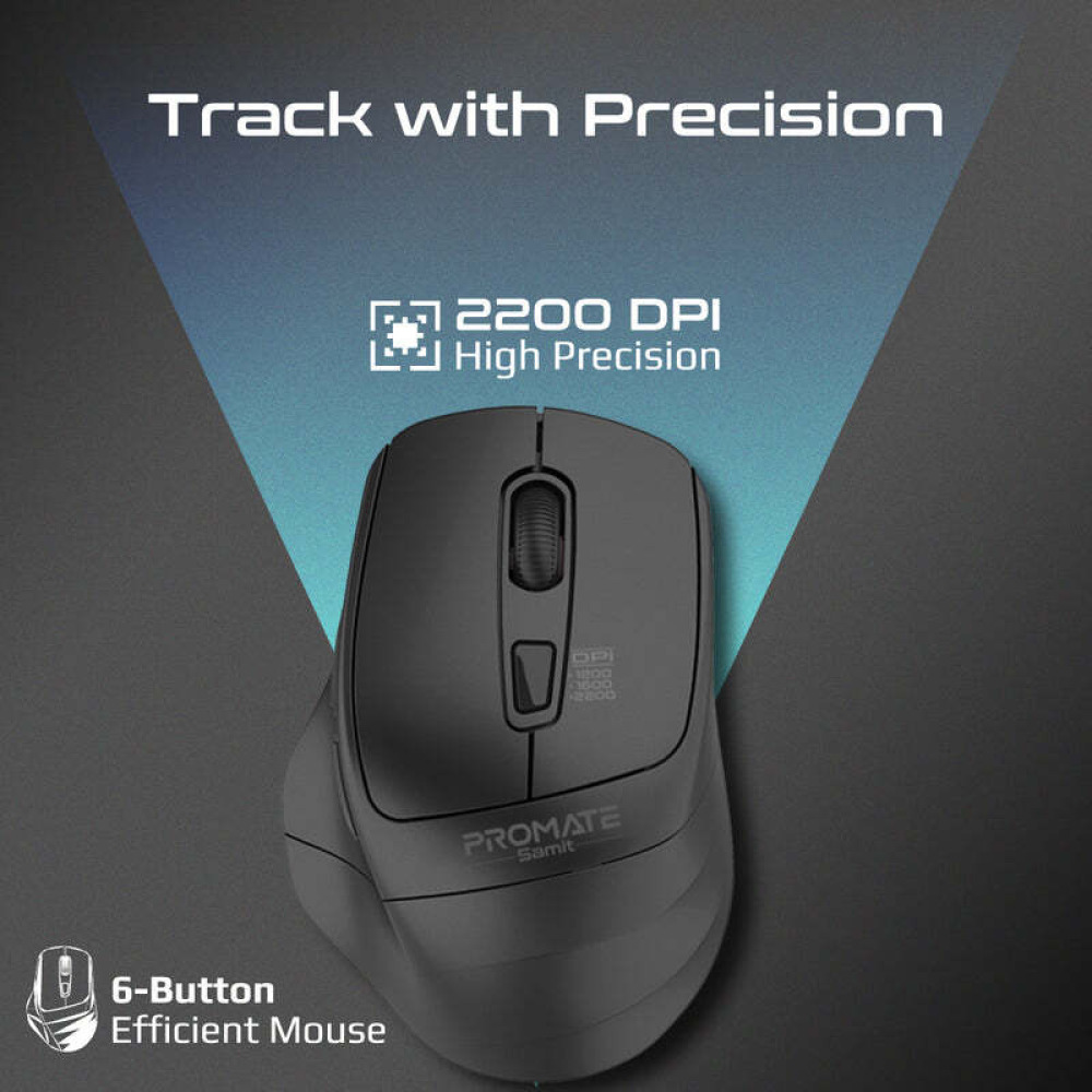 Promate Samit 2.4GHz Ergonomic 2200 DPI Silent Click Wireless Mouse - 2