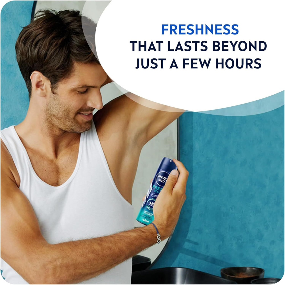 NIVEA MEN Antibacterial Deodorant Spray for Men, Fresh Ocean, 48H Active Protection,Long-Lasting Freshness, 2x150ml, Dual Pack - 3