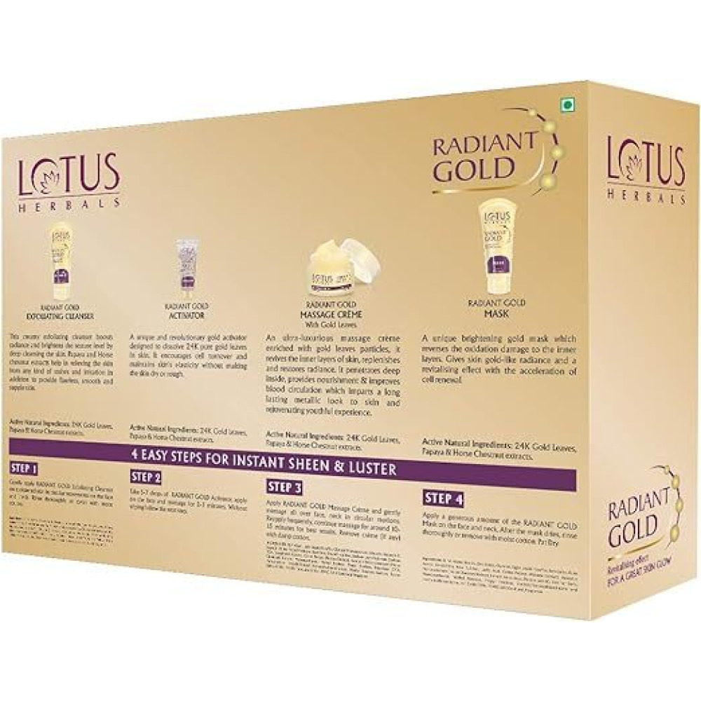 Lotus Herbals, Facial Kit, Radiant Gold For Instant Glow, With 24K Pure Gold and Papaya, 4 Steps, 170 g - 2