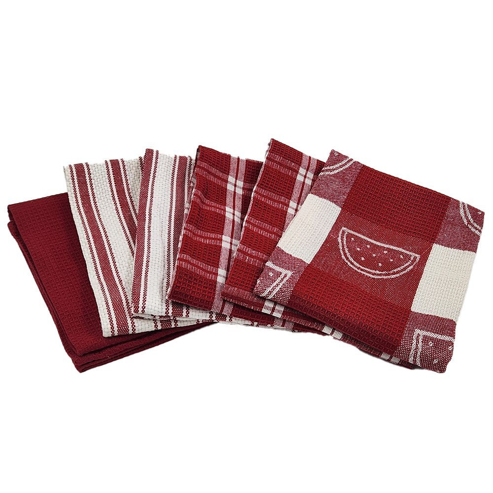 Kitchen Towel BYFT Orchard Heavy Waffle, 50 x 70 Cm, Cotton 102 Gsm, Red \& White Multicheck, Set of 6 - 1