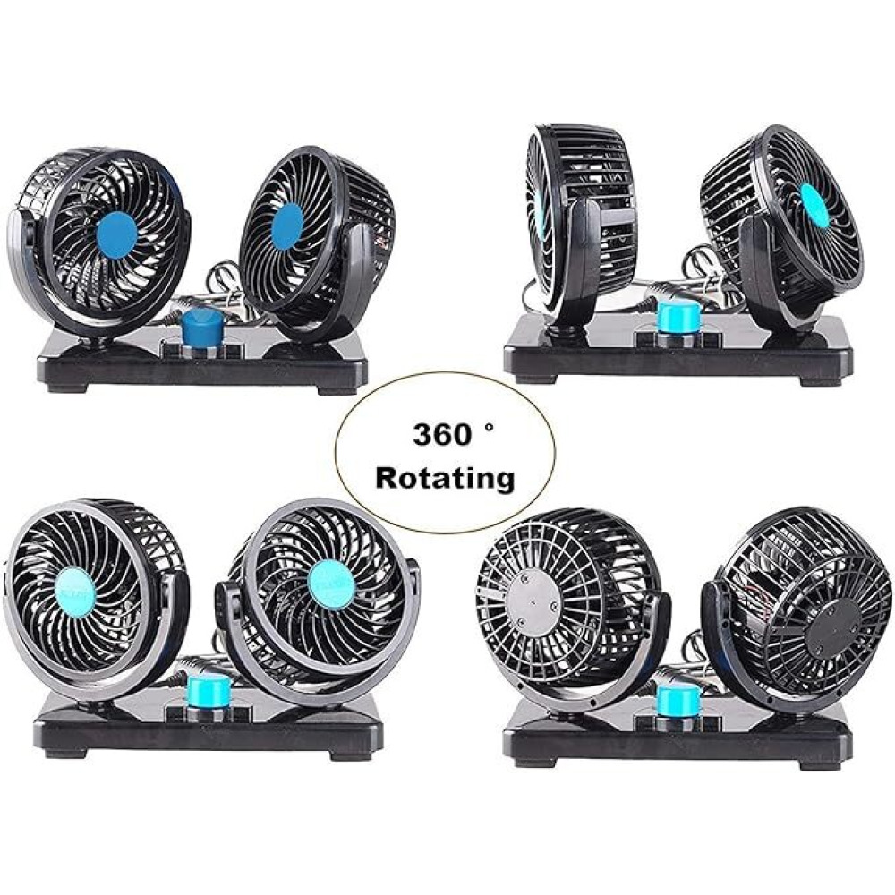 مروحة سيارة كهربائية بسرعتين 12 فولت، مروحة سيارة تدور 360 درجة، قابلة للتعديل، مروحة تبريد هواء مزدوجة الرأس للسيارة - 4