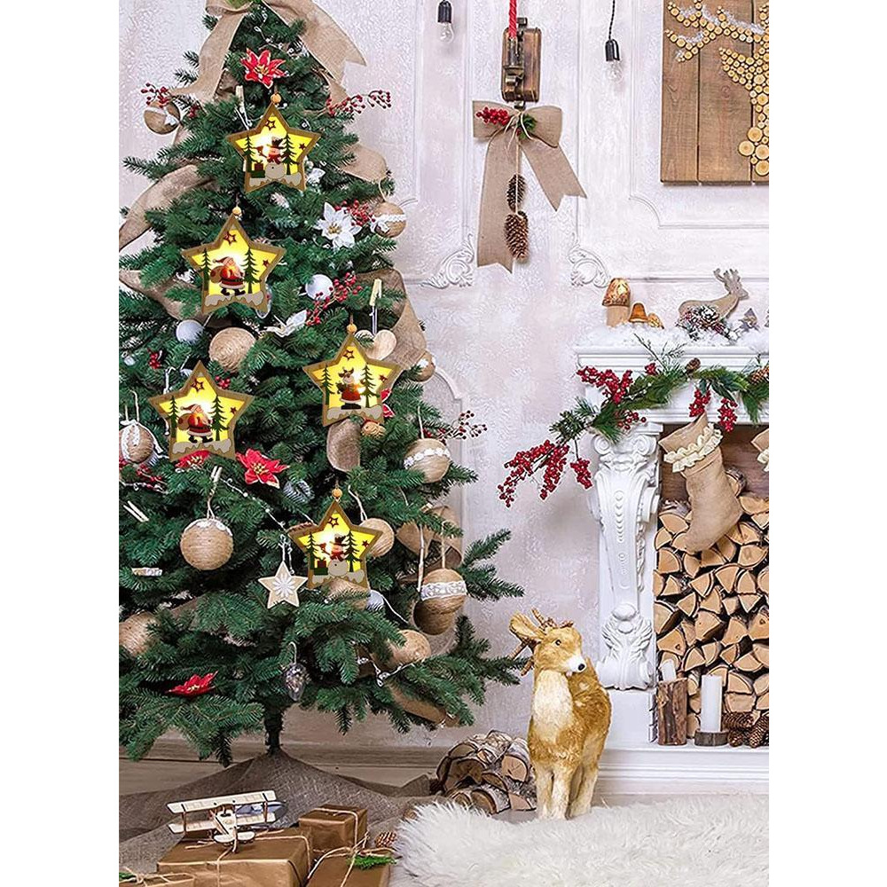 Set of 3 Wooden Star Christmas Tree Hanging Pendants with Lights Santa Claus, Deer, and Snowman Designs for New Years Party and Fireplace Decoration - 6