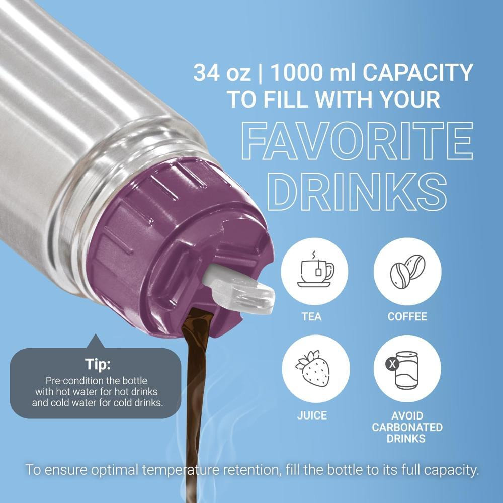 Milton Glassy 750 Thermosteel 24 Hours Hot and Cold Water Bottle with Drinking Cup Lid, Purple, 750 ml - 4