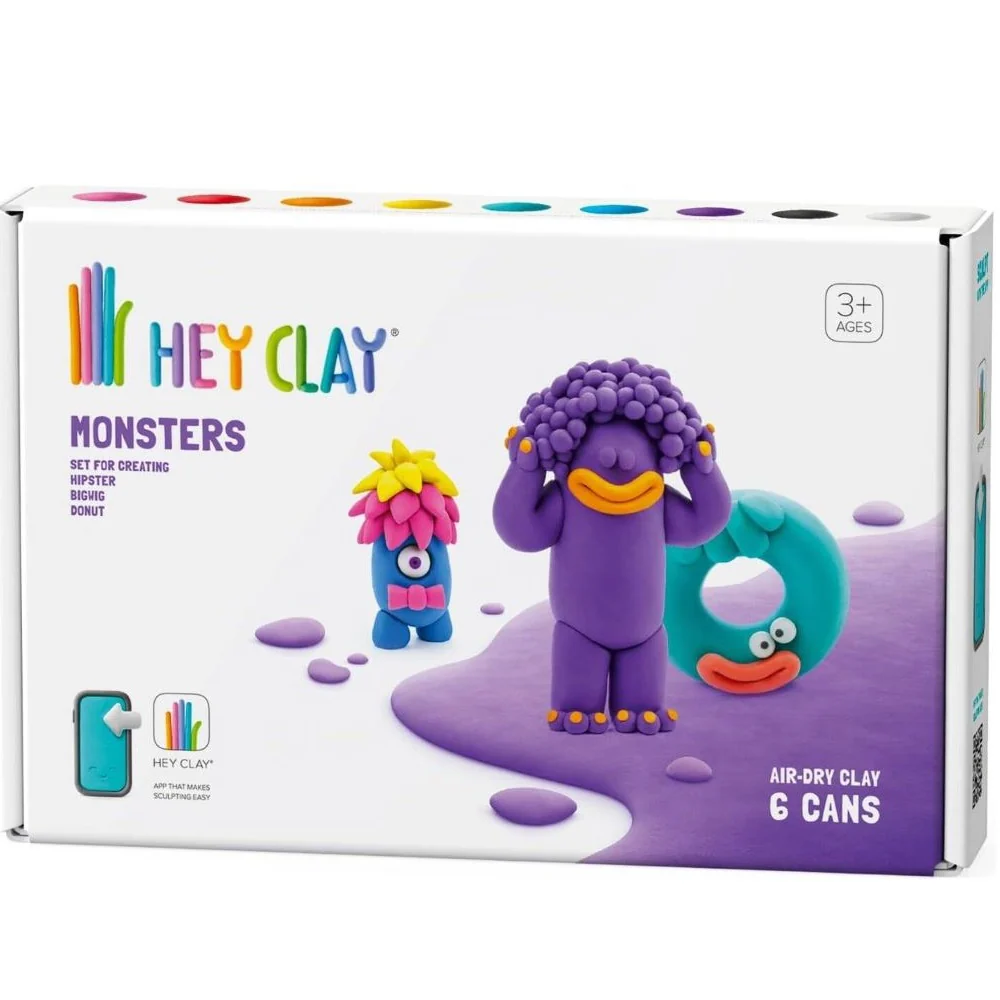 HEY CLAY - Air-Dry Clay Monsters: Hipster, Cyclops, Donut, 6 Cans - 1