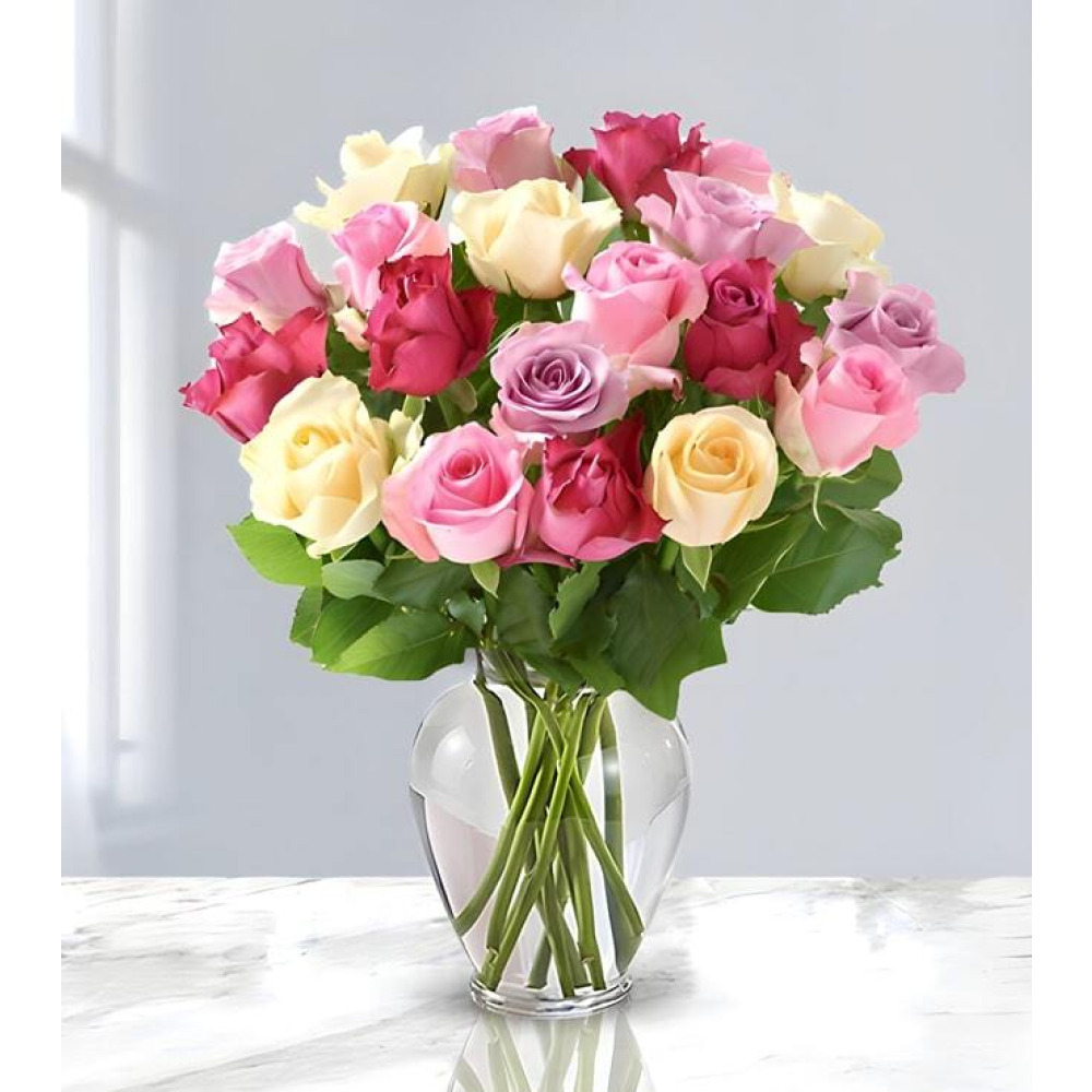 Oasis Medley - Stunning Floral Arrangement with 20 Pink Roses in Vase - 1