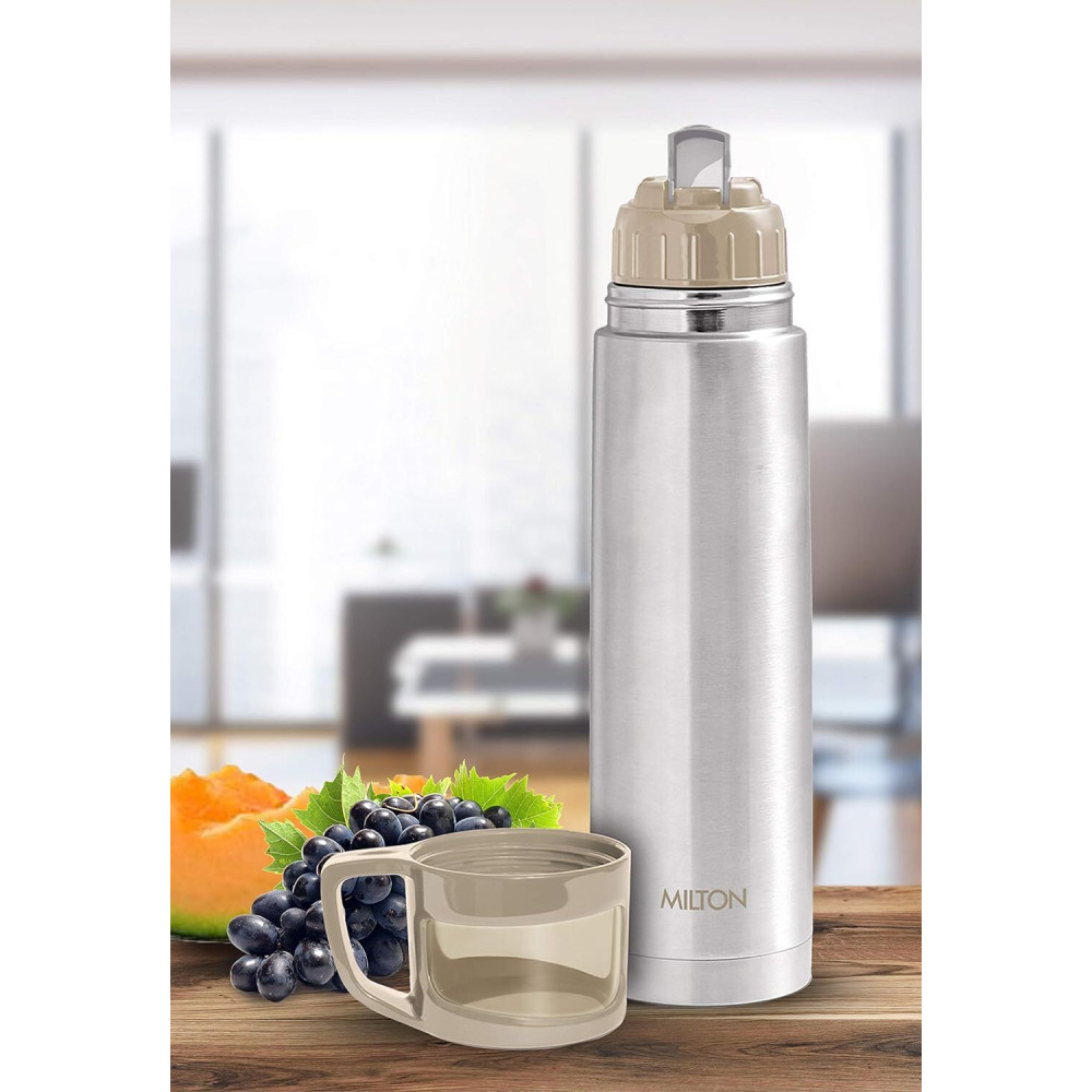 Milton Glassy 1000 Thermosteel 24 Hours Hot and Cold Water Bottle with Drinking Cup Lid, 1 Litre, Grey - 4