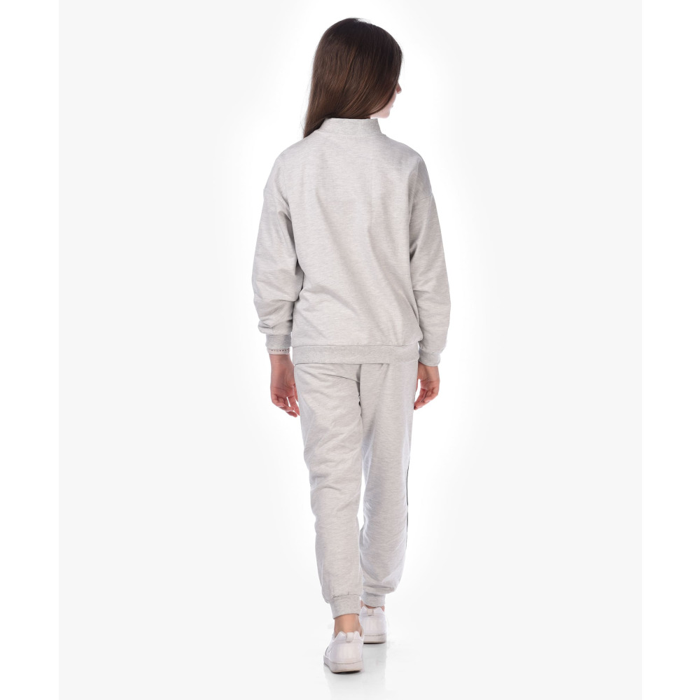 طقم ملابس عسكرية مكون من قطعتين للبنات، بلوزة رياضية بنصف سحاب + بنطلون (11-12 سنة)، رمادي - 4