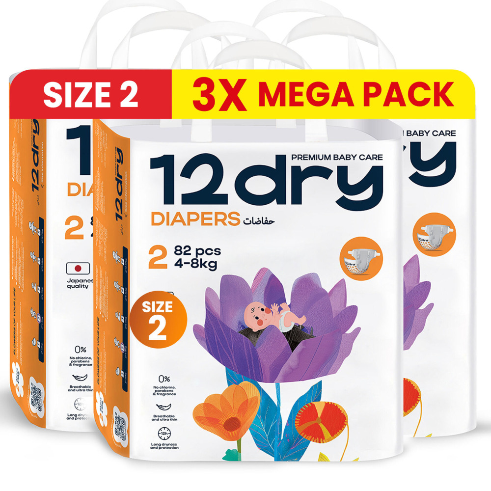 12dry Diapers Premium Baby Care (size 2, 4-8 Kg, 246 Count) 100%Ultra-absorbent Japanese Tech, Thin&Breathable, Hypoallergenic, Soft Elastic Waistband - 1