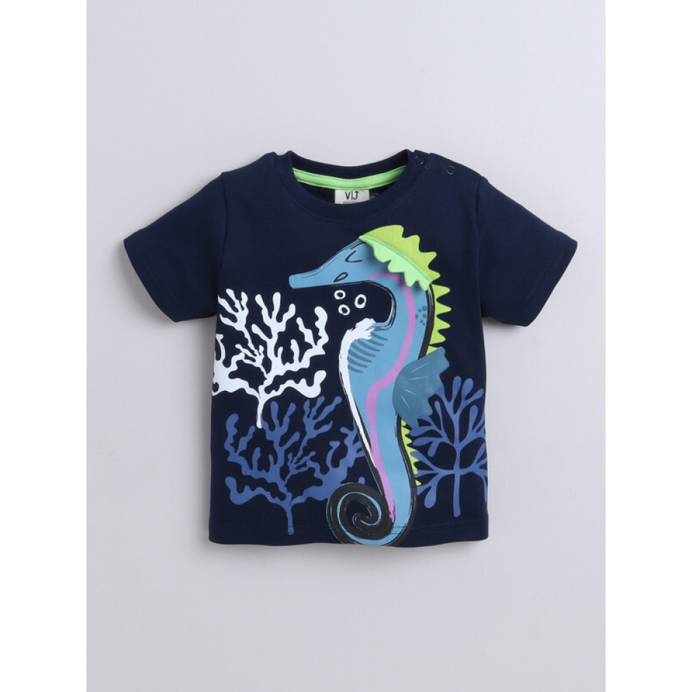 Victor and Jane Boys' Sea Horse Navy and Neon Green T-Shirt and Shorts Set 3-6M - 3