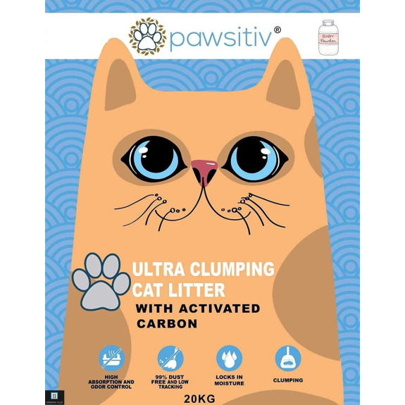 Pawsitiv Premium Ultra Комкующийся Глиняный Наполнитель для Кошек и Котят, 20 Кг, ДЕТСКАЯ Присыпка