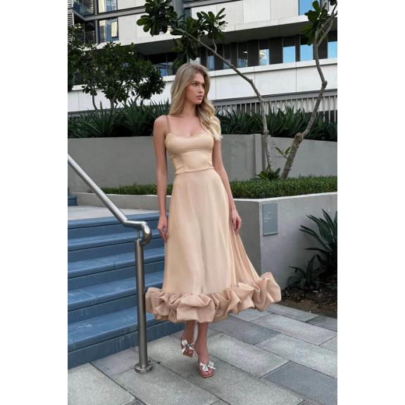 knee length dresses for ladies Flounce Bustier Midi Dress – POST MERIDIEM