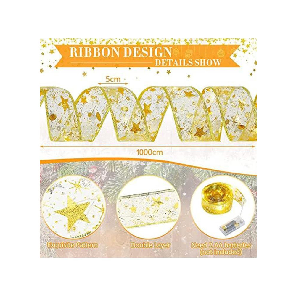 Gold Ribbon LED Lights with 100 LEDs Double Layer Copper Wire Bows Garland Fairy String Lights for Wedding and Home Decorations - 6