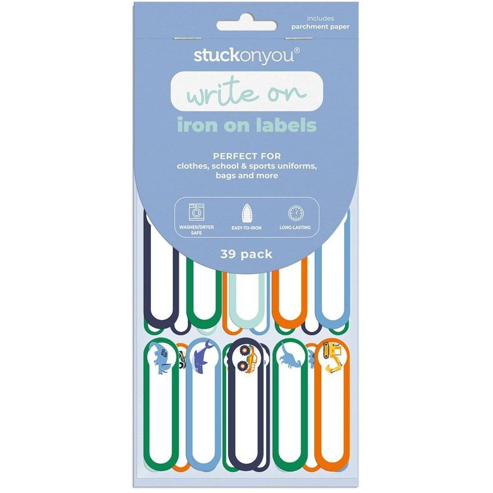 Stuck on You Iron On Labels, Easy to Iron, Washer/Dryer Safe, and Long Lasting, 39 Labels Per Pack, Revs & Roars - 1