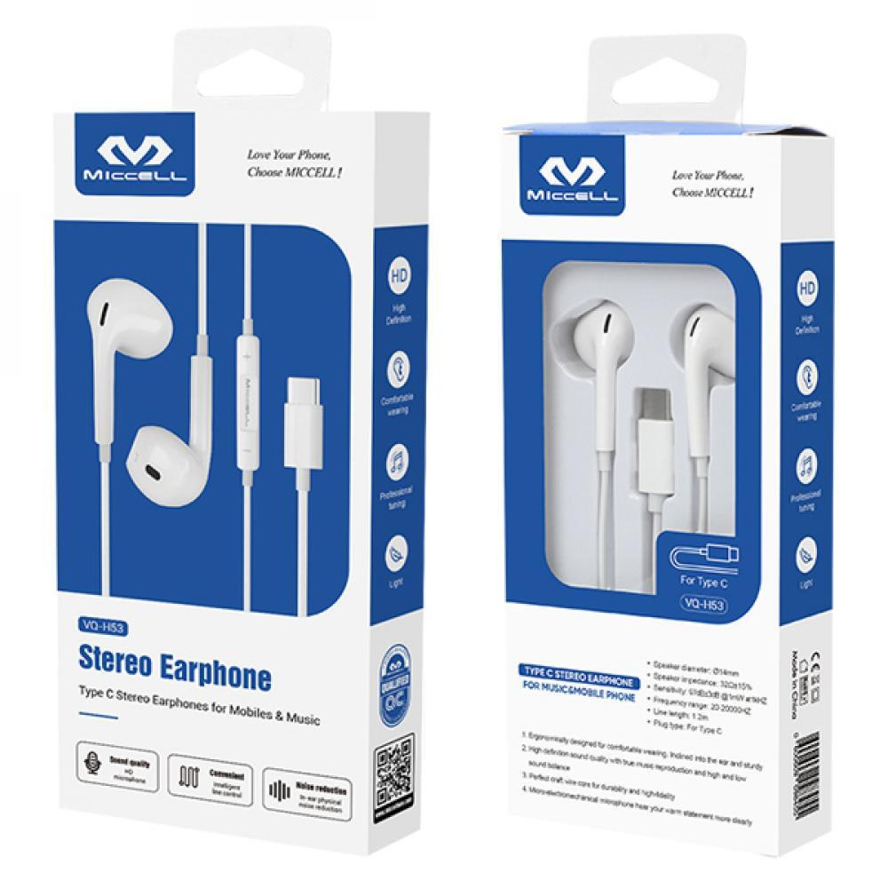 Miccell \/ Stereo earphone, Type C, Wired, Build in microphone and volume control 1.2M, White, VQ-H15 - 3