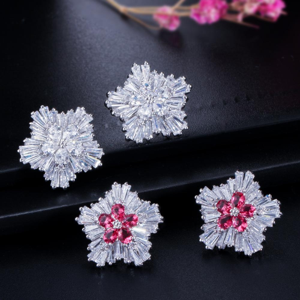 Red CZ Snowflake Crystal Flower Stud Earring - 4