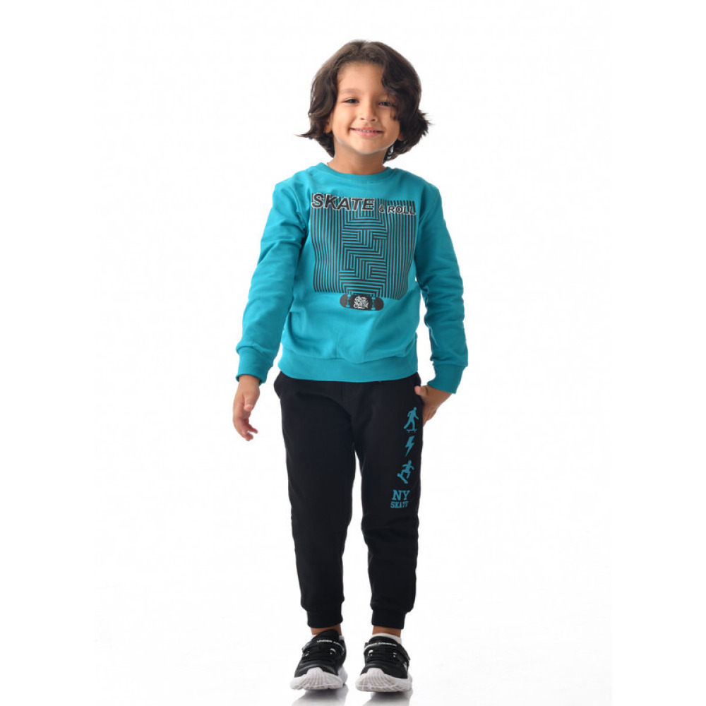 КОМПЛЕКТ Из 2 предметов: Толстовка И ДЖОГГЕРЫ ДЛЯ Мальчиков (7-8 лет), бирюзовый-черный - 2