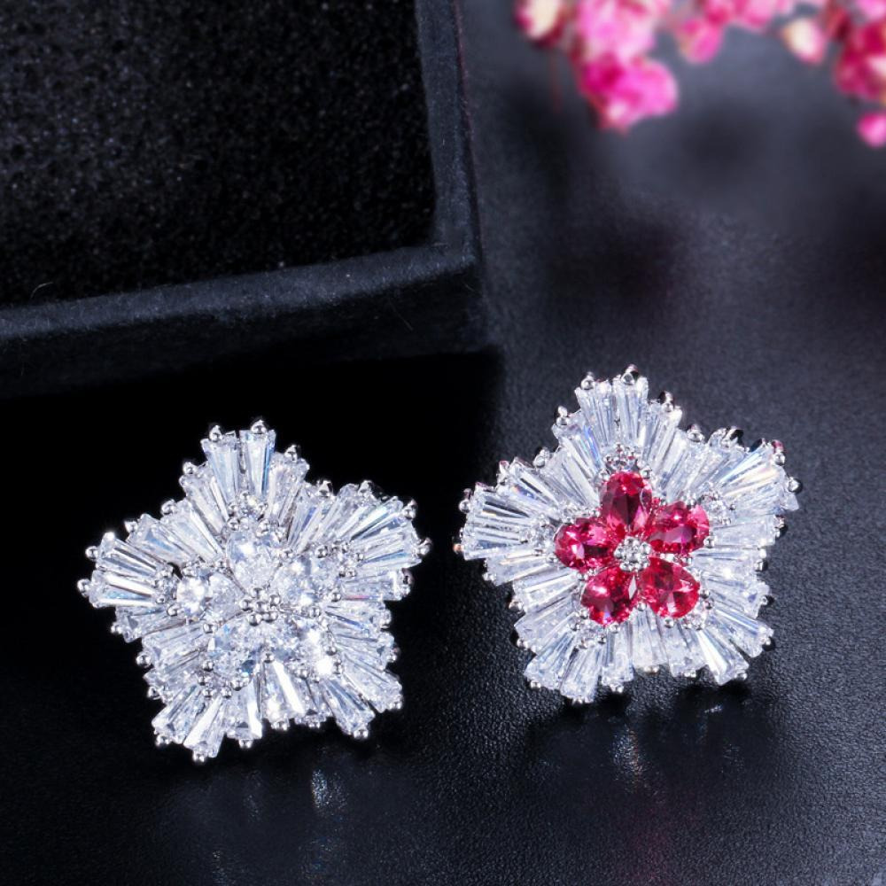 Red CZ Snowflake Crystal Flower Stud Earring - 5