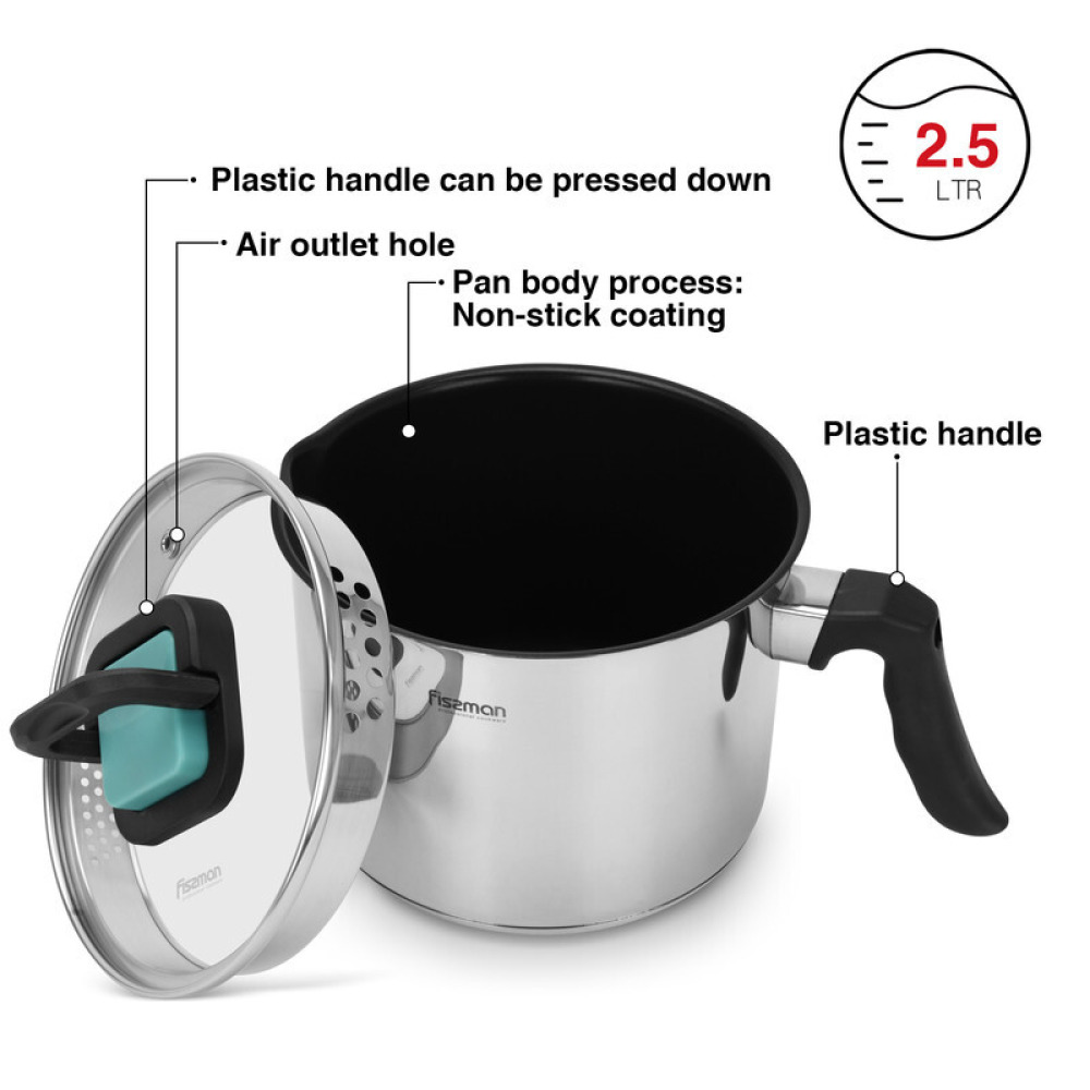 Fissman Milk Pot 16cm/2.5LTR With Glass Lid Stainless Steel - 2
