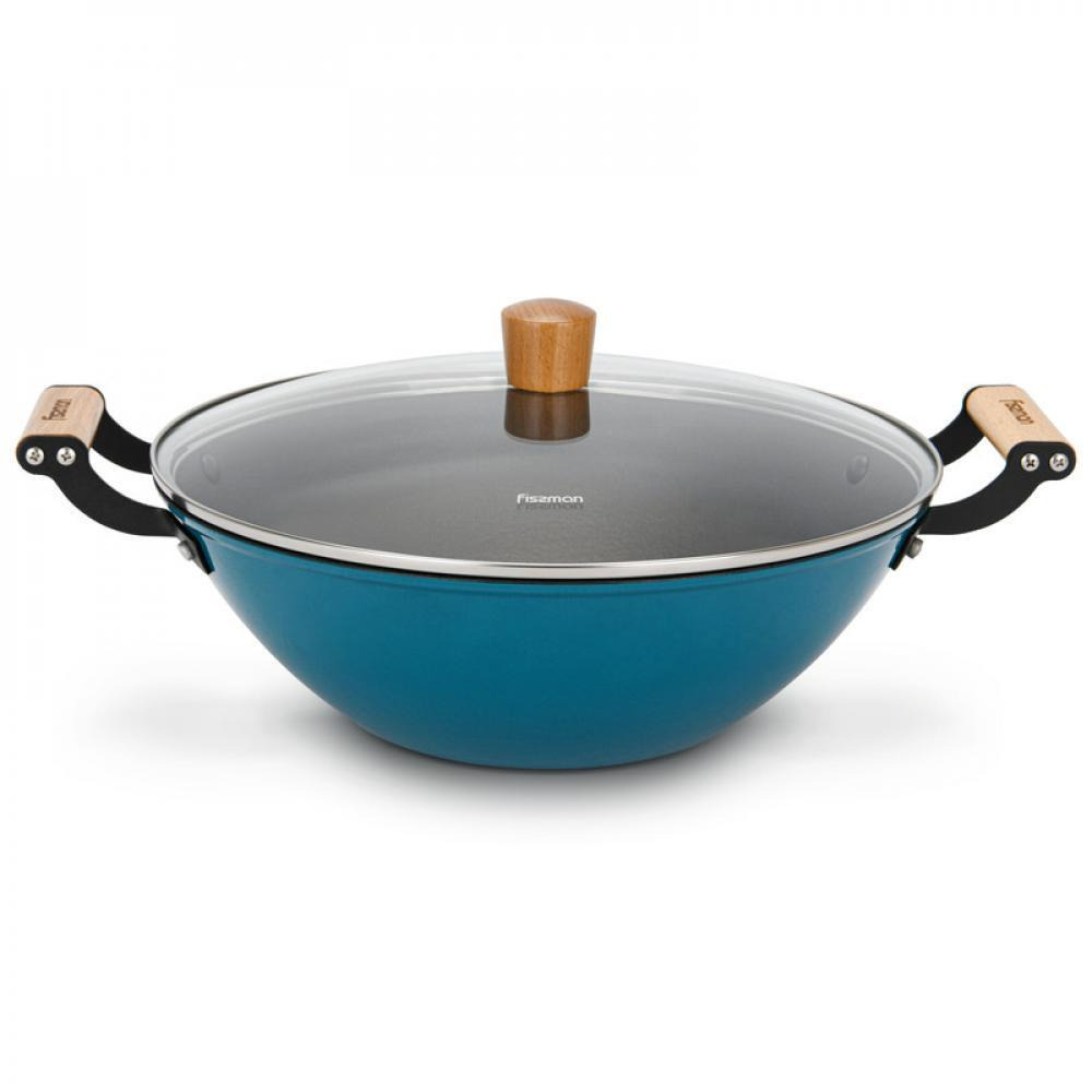 Fissman Wok Seagreen Series 32X10.5CM / 5Ltr مع غطاء زجاجي (حديد زهر خفيف الوزن مطلي بالمينا مع طلاء غير لاصق) - 1