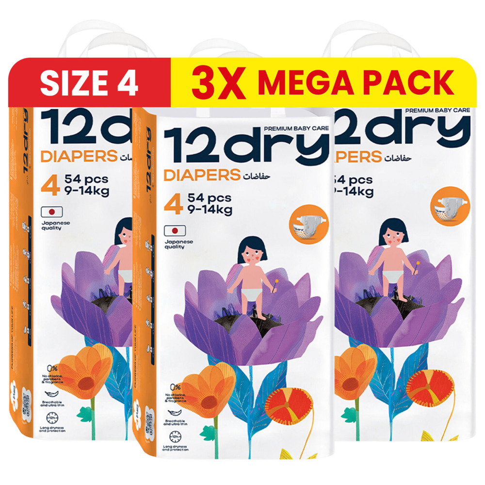 12dry Diapers Premium Baby Care (size 4, 9-14 kg, 162 Count)100% Ultra-absorbent Japanese Tech, Thin&Breathable,Hypoallergenic, Soft Elastic Waistband - 1