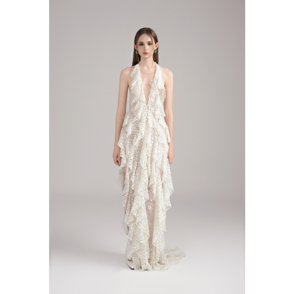 Dress Santorini  Halter V Neck Ruffle Ruched, Maxi, Cream, size M - 1