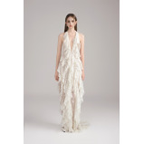 Dress Santorini  Halter V Neck Ruffle Ruched, Maxi, Cream, size M - 1 miniature