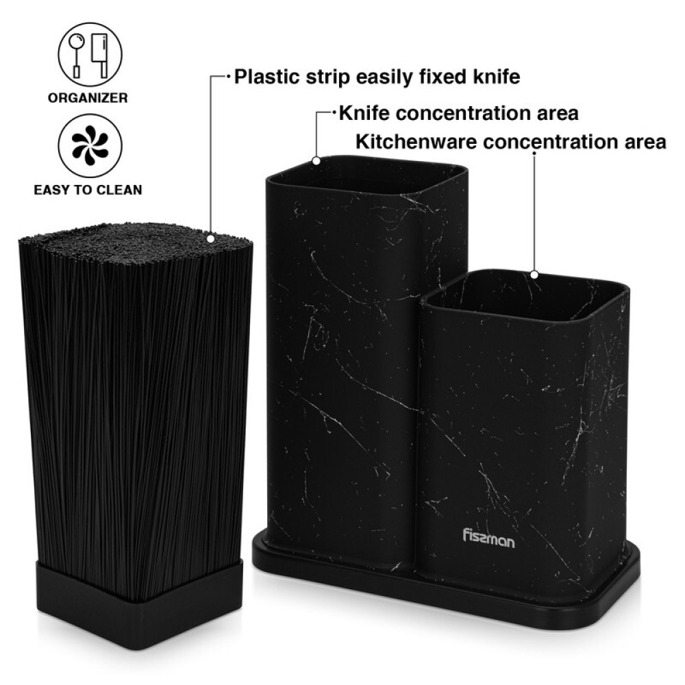 Fissman Kitchen Knife And Utensil Organizer 11x11x23+11x11x17 cm, Black Marble (Plastic) - 5