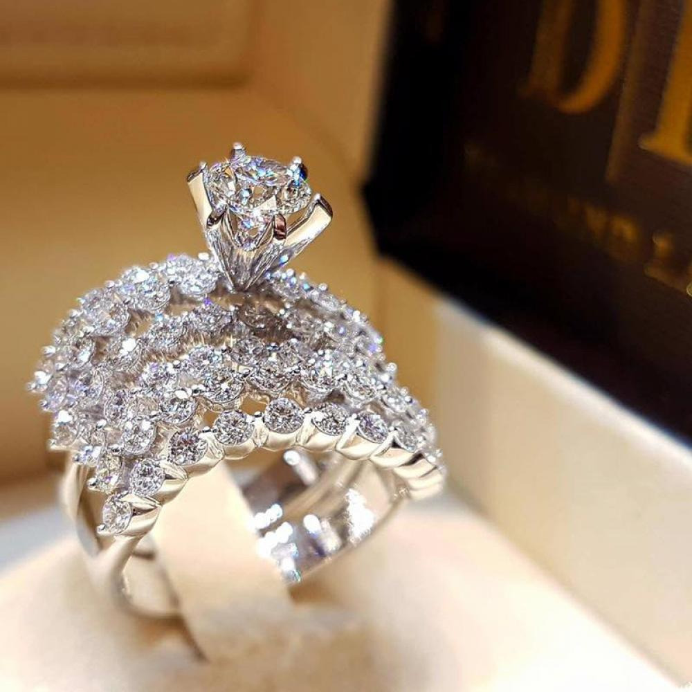PAMEER STORE: Стерлинговое Серебро 925 Пробы, роскошное двойное Смелое Большое кольцо Для вечеринки, обручальные кольца, Набор Для новобрачных, женски - 3