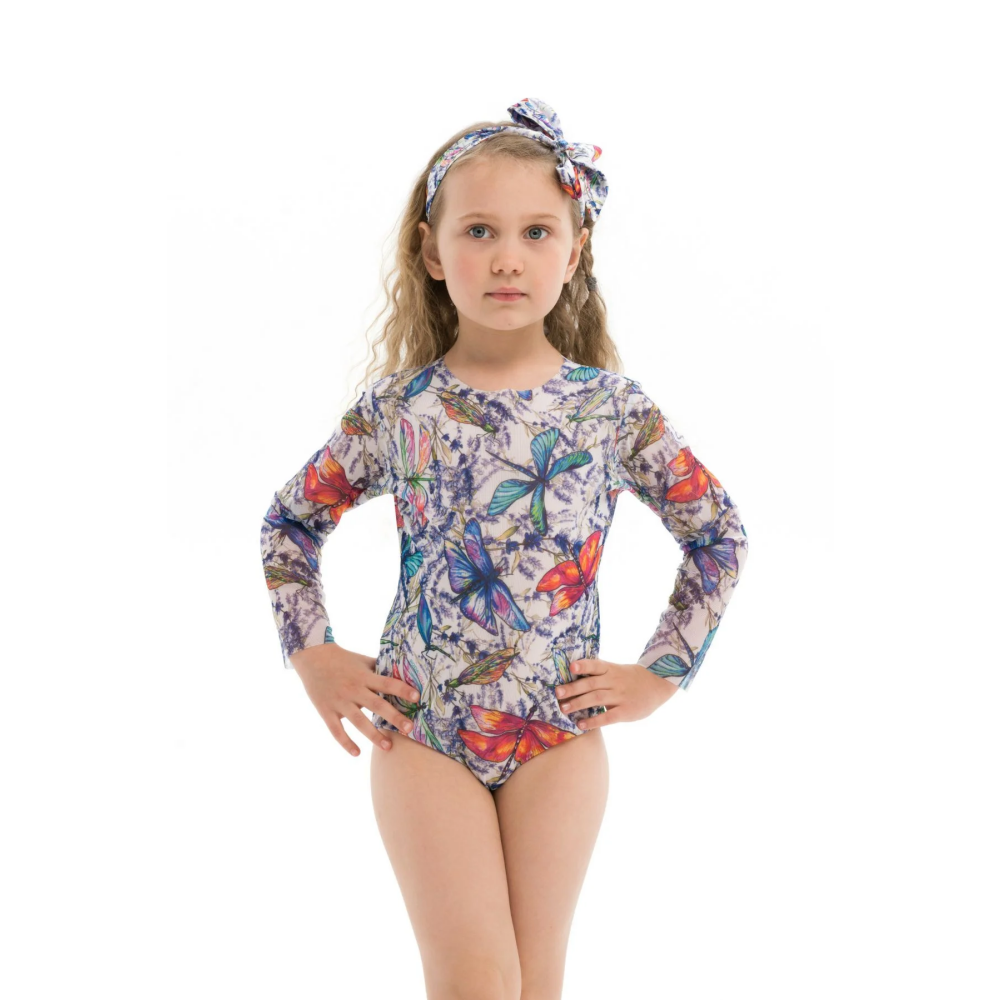 KID's Closed Back One-piece Swimsuit with Sleeves, Dragonflies, size 116 - 1