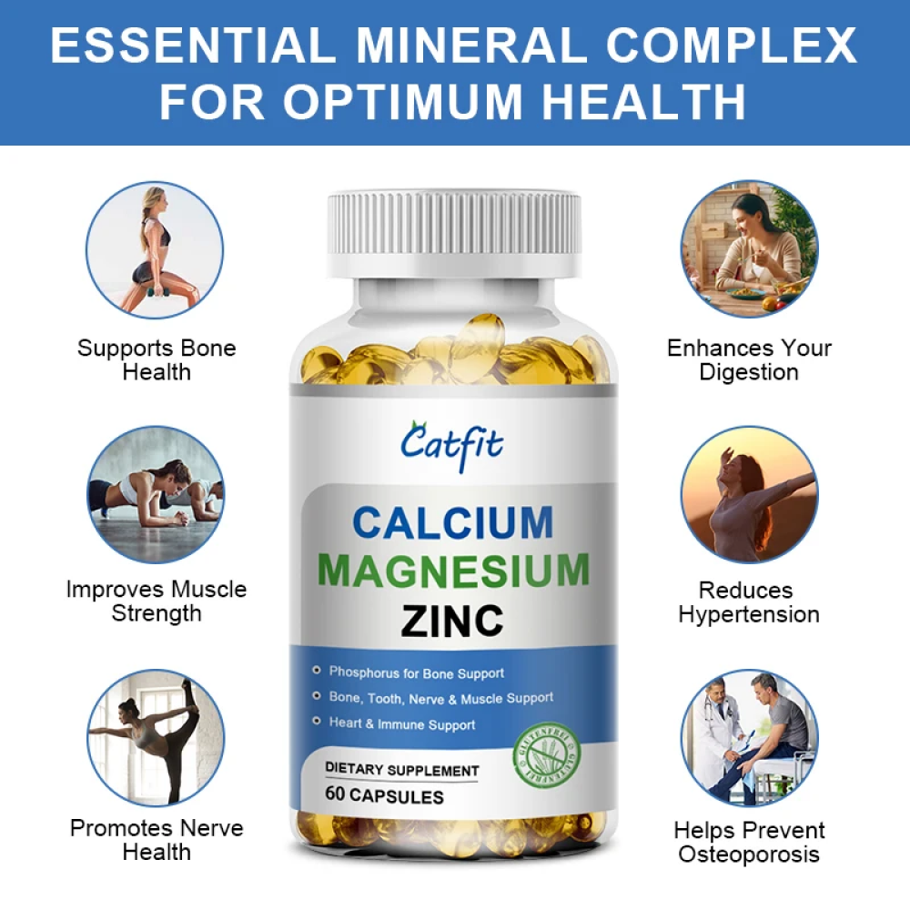 Calcium, Magnesium and Zinc Supplement with Vitamin D3 - For Bones, Teeth, Heart and Nerve Immune Function Support - 60 Capsules - 2