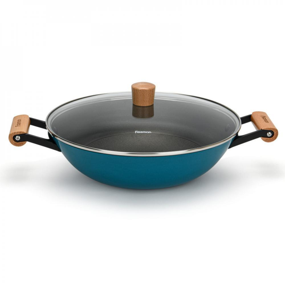 Fissman Wok Pan With Handle And Glass Lid 32x9.2cm\/5LTR Black\/Clear - 1