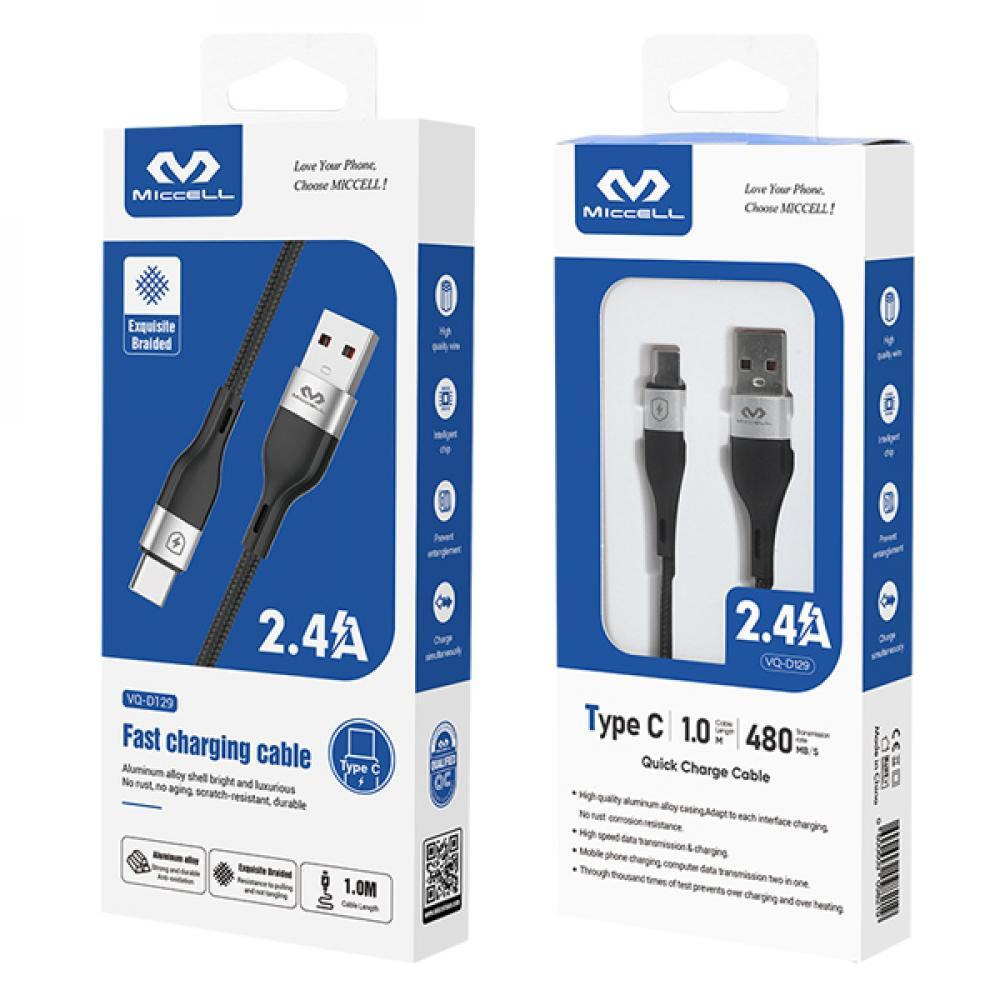 Miccell \/ Charging cable, 2.4A Ultra strong, USB to type-C, 1M, Black, VQ-D129 - 3