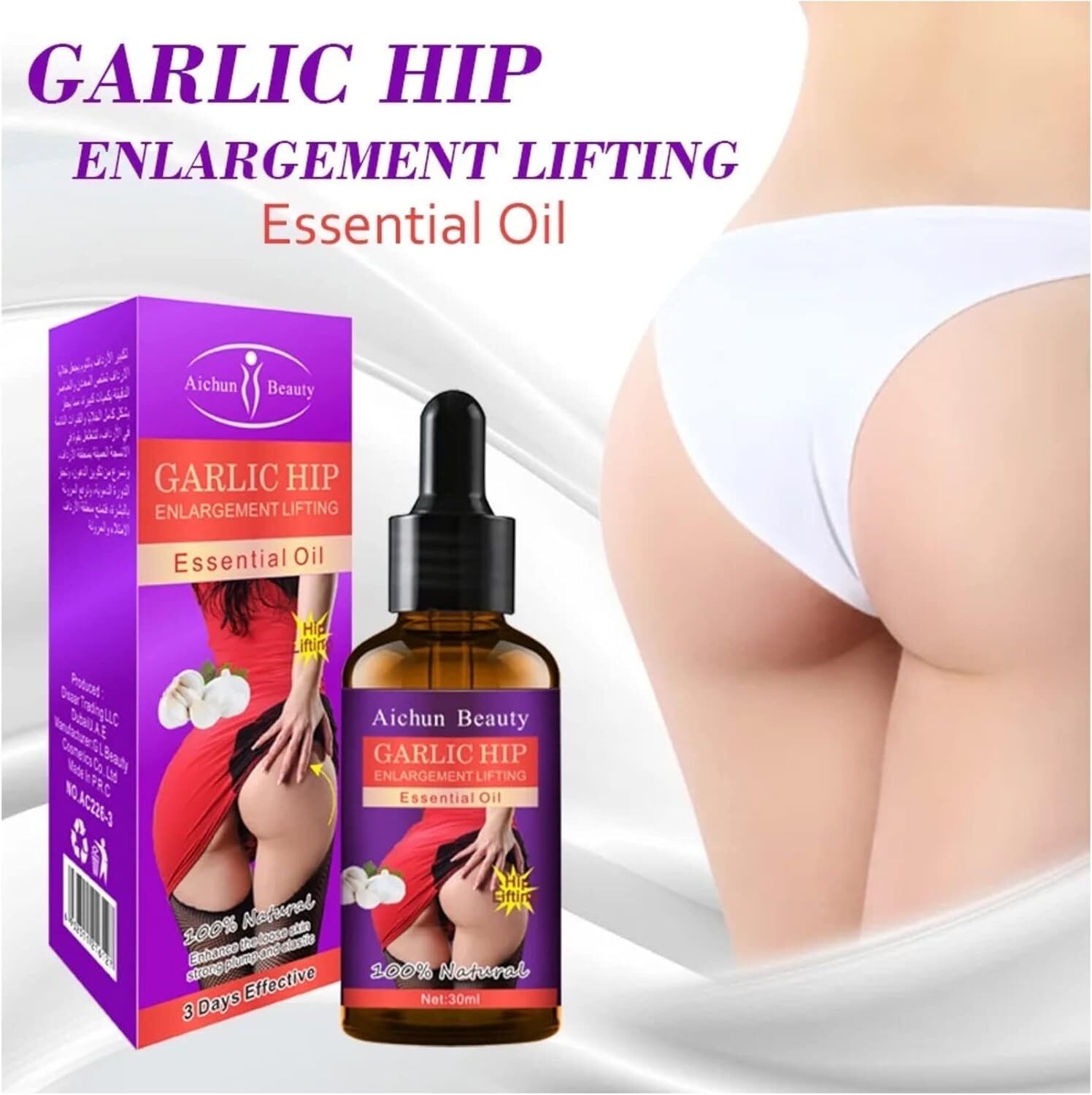 Garlic body massage oil shown with a lower-body lifestyle visual