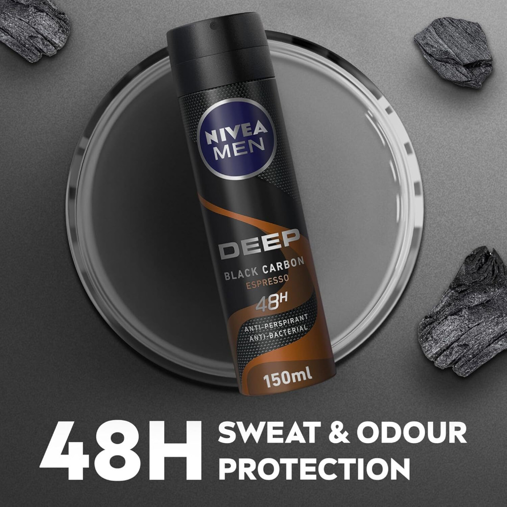 NIVEA MEN Antiperspirant Spray for Men, 48h Protection, DEEP Black Carbon Antibacterial, Espresso Scent, 2x150ml - 3
