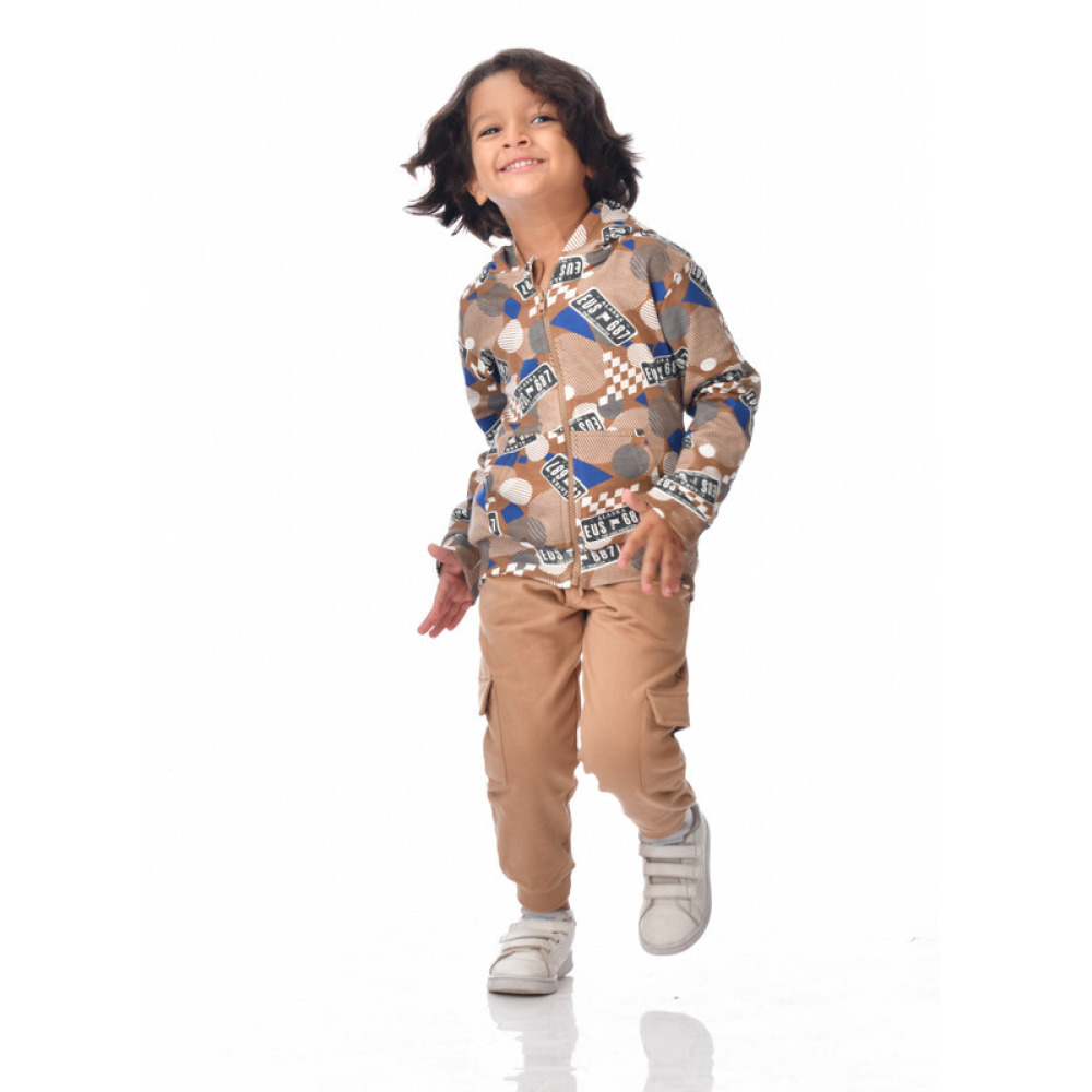 طقم مكون من قطعتين من هودي بسحاب كامل مطبوع وبنطال رياضي بني للأولاد (7-8 سنوات) بني - 2