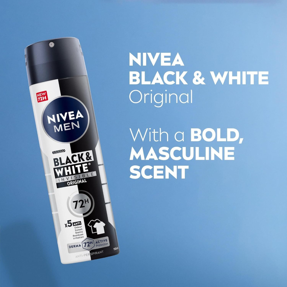 NIVEA MEN Black & White Invisible Deodorant Spray, Original, 72H Active Protection, Stains, Residues & Irritation, 2x150ml - 4