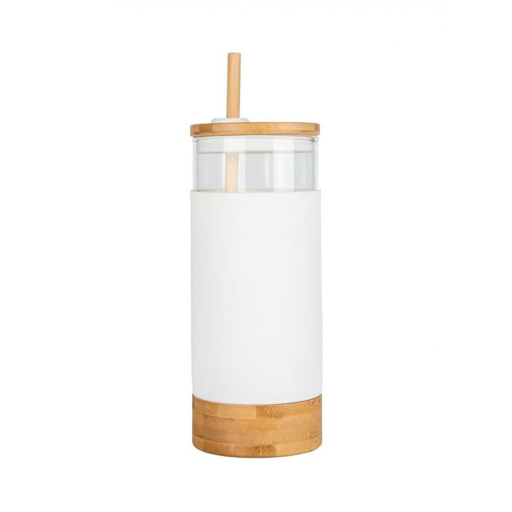 Little Storage 650ML Bamboo Glass Silicone Drinking Cup with Straw White - 2