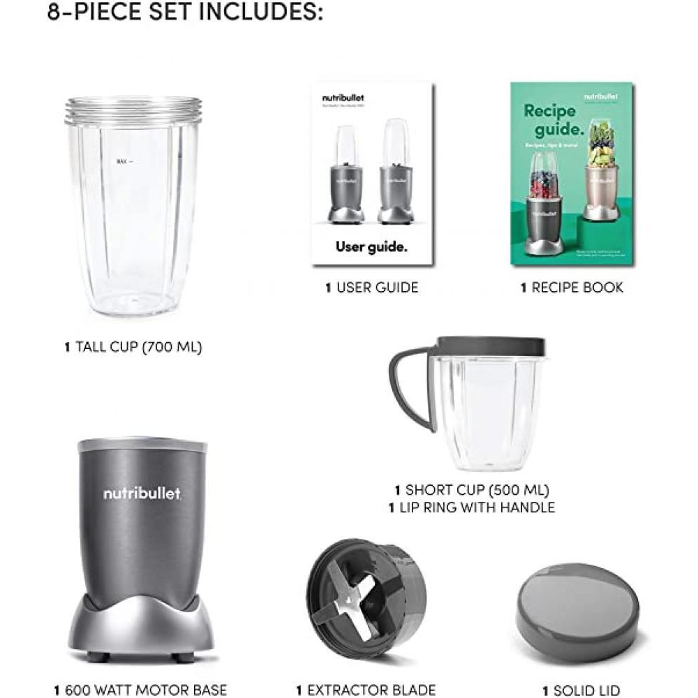 NutriBullet / Blender, Multi-function, 8 pcs, 600W, Gray - 6