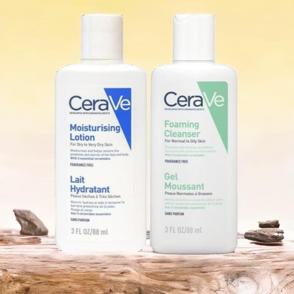 2 средства Cerave Увлажняющий лосьон для сухой и очень сухой кожи + Пенящееся очищающее средство Cerave для нормальной и жирной кожи, 3 фл. унции x 2 - 1