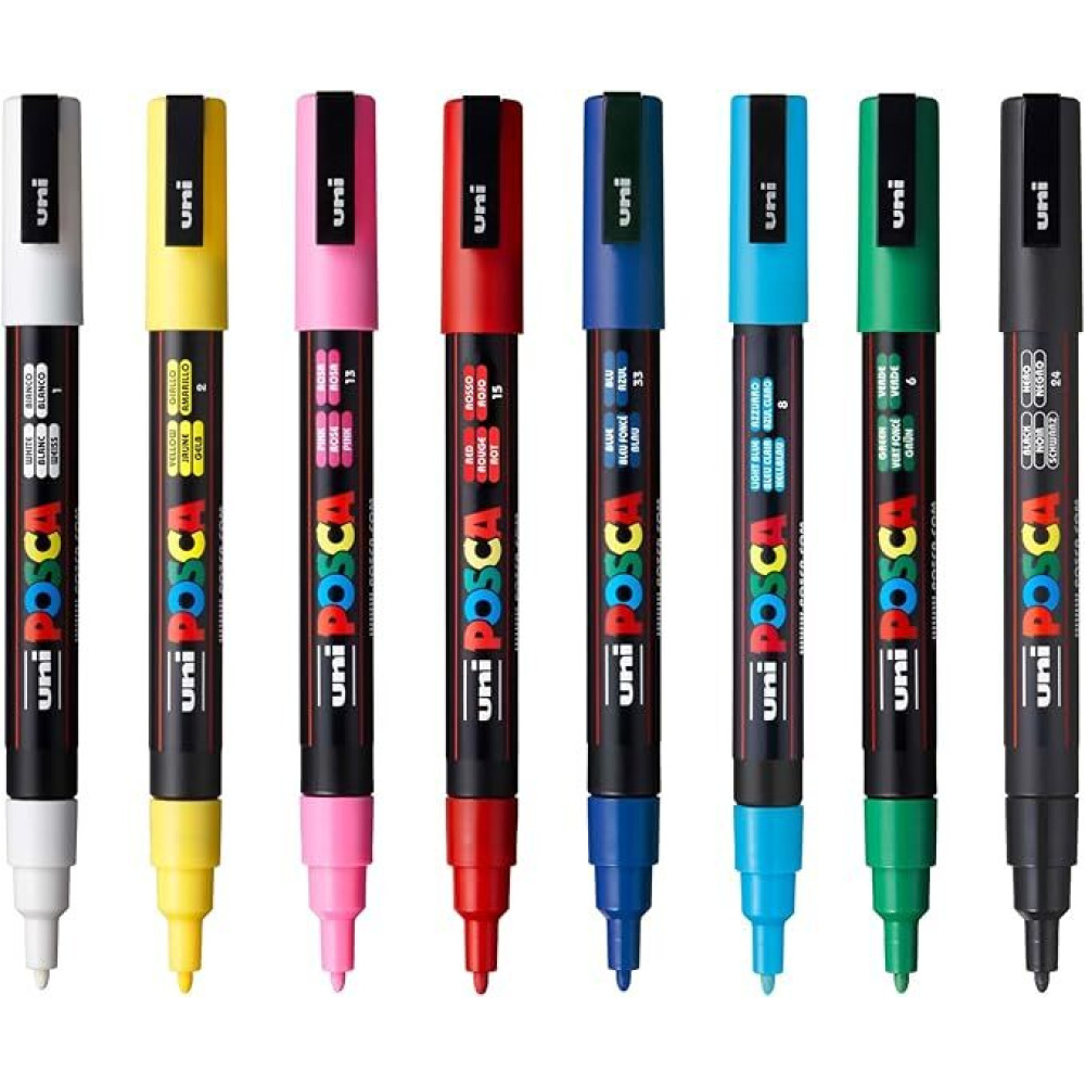 Uni Posca Water-Based Paint Bullet Markers - Multi-Surface, Non-Toxic, Ideal for Art and Craft Projects - 3