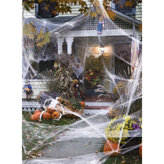 Жуткие Украшения На Хэллоуин. Эластичная Паутина со 100 Искусственными Пауками и ПЛОЩАДЬЮ 1000 Кв. футов ДЛЯ ДОМА, Двора, вечеринок В ПОМЕЩЕНИИ и На о