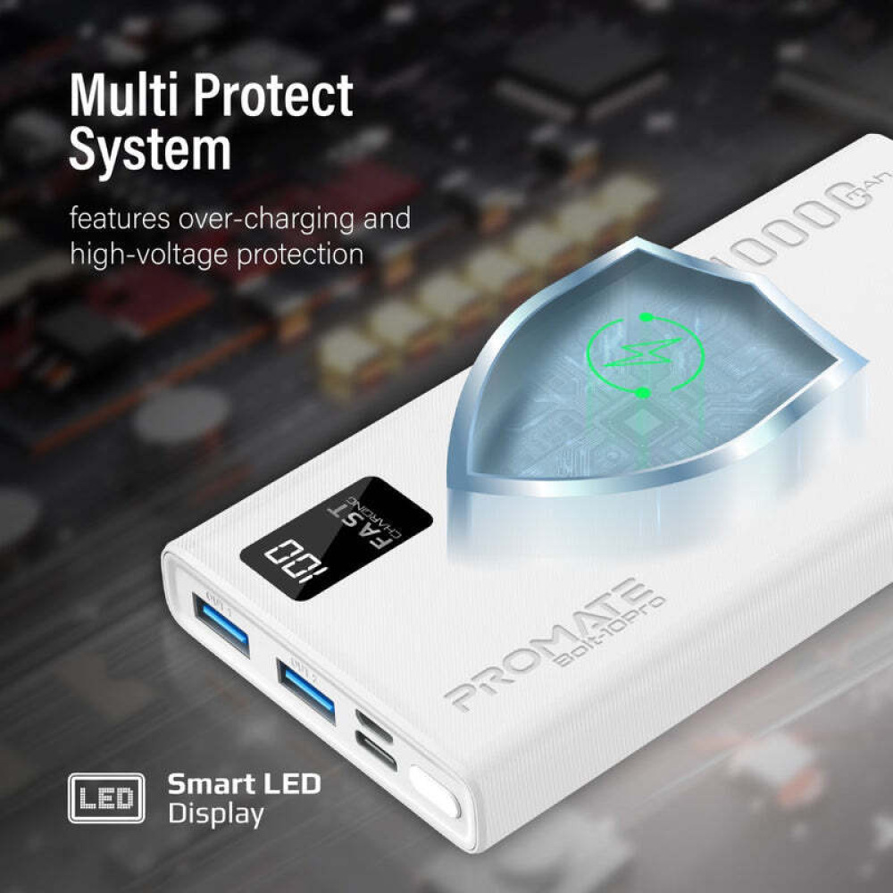 Promate Bolt-10Pro 10000 Мач Компактный Интеллектуальный Зарядный Внешний аккумулятор С ДВУМЯ ВЫХОДАМИ USB-A И USB-C - 3