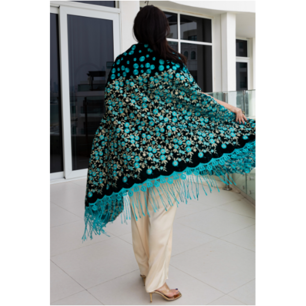 Asian Spirit, Turquoise Sakura Velvet Cape Jacket, Free size (XS-XL) - 4