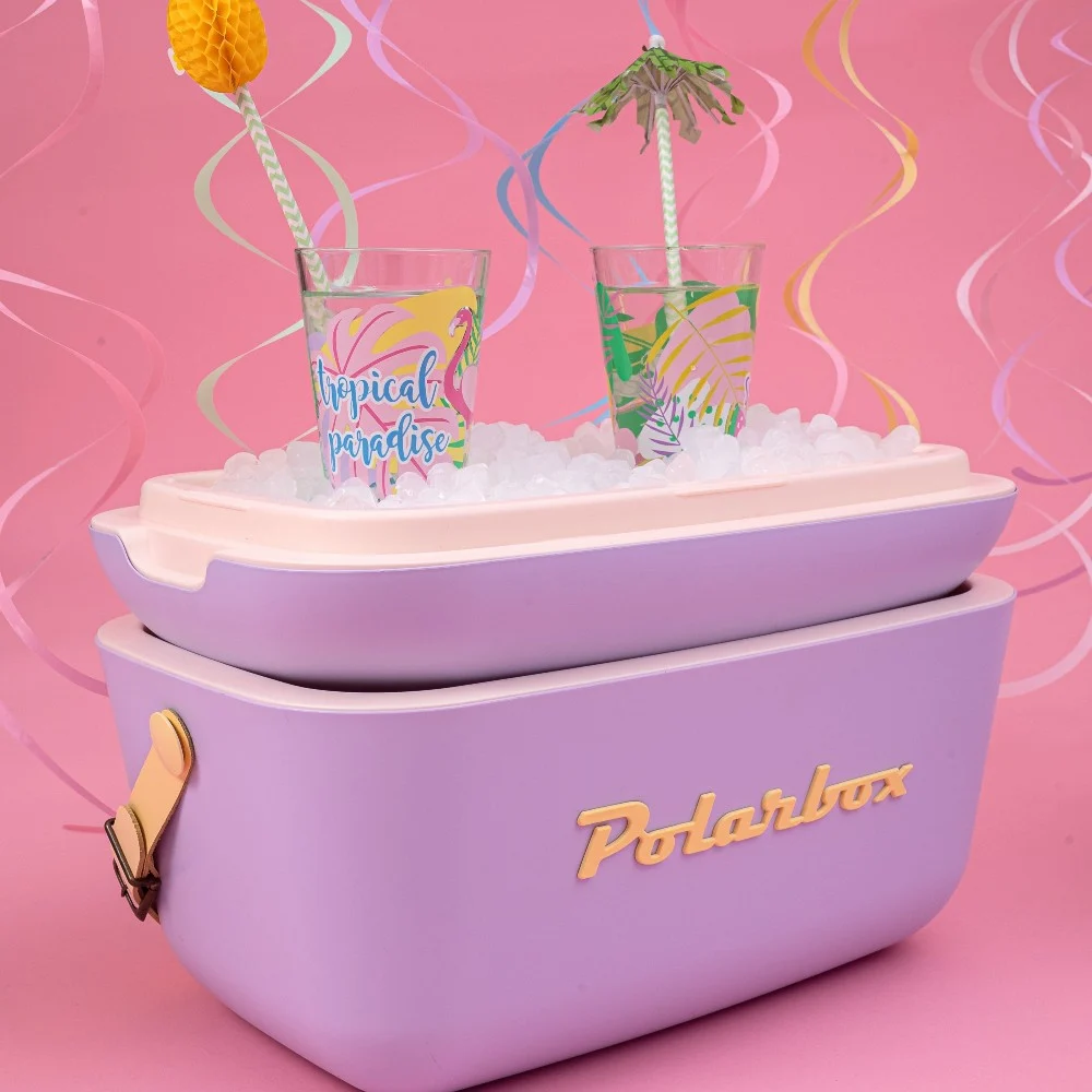 Polarbox 20L Classic Cooler Box with Leather Strap, Rigid Thermal Insulated Ice for Beach, Picnic Party, Nude\/Olive PB-9259, Lilac - Yellow - 7