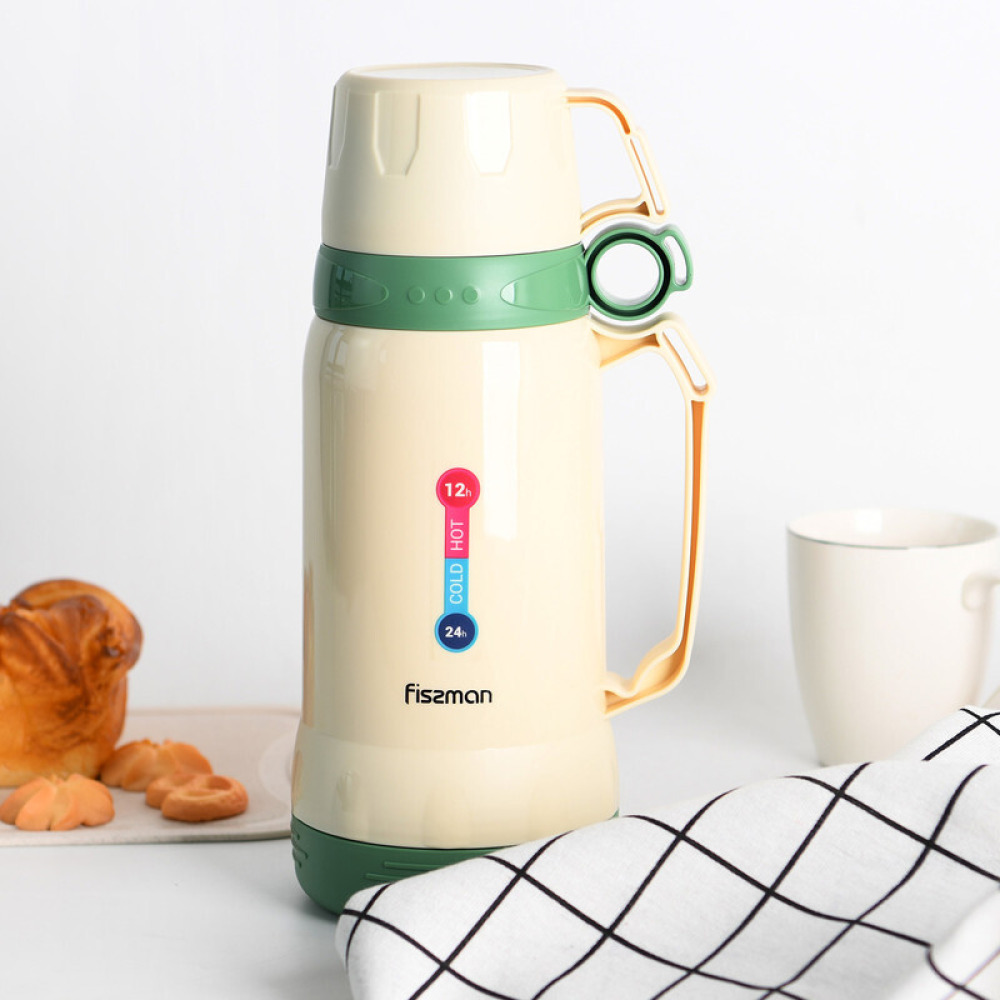 Fissman Thermo Flask 1000ml Beige And Green Color with Glass Liner Inside - 3