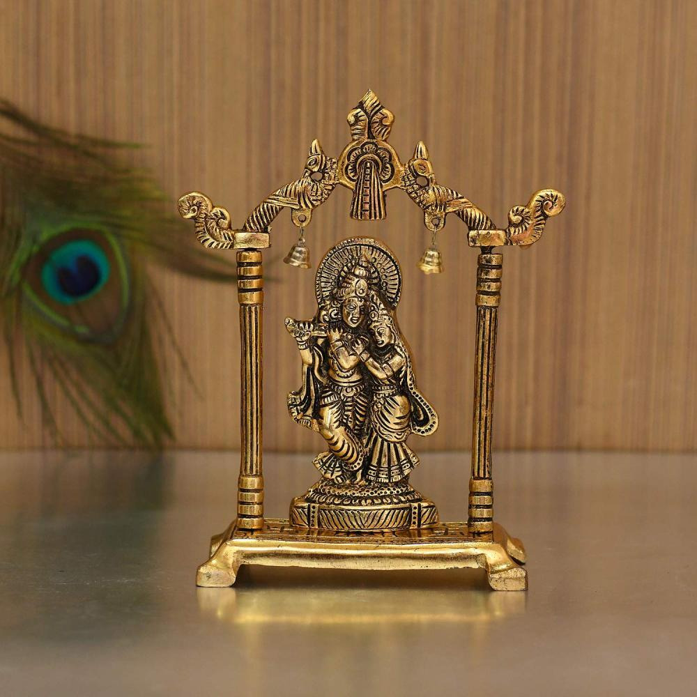 Collectible India Metal Gold Plated Radha Krishna Idol Sculpture Statue Figurine Decorative Showpiece for Janmashtami Home Decoration Temple and Gift  - 2