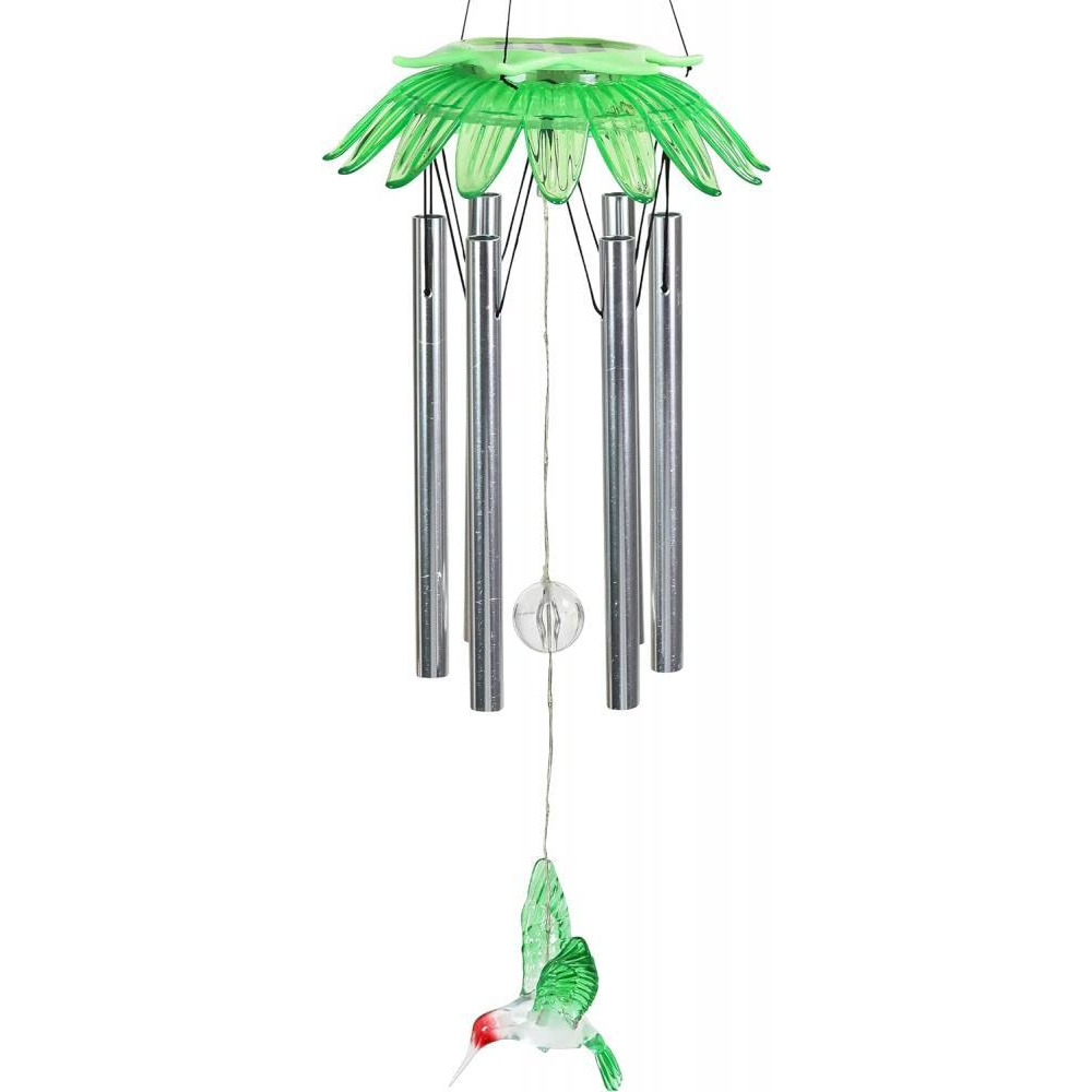 Exhart Solar Flower Wind Chime with 8 White LEDs Green Hummingbird - 1