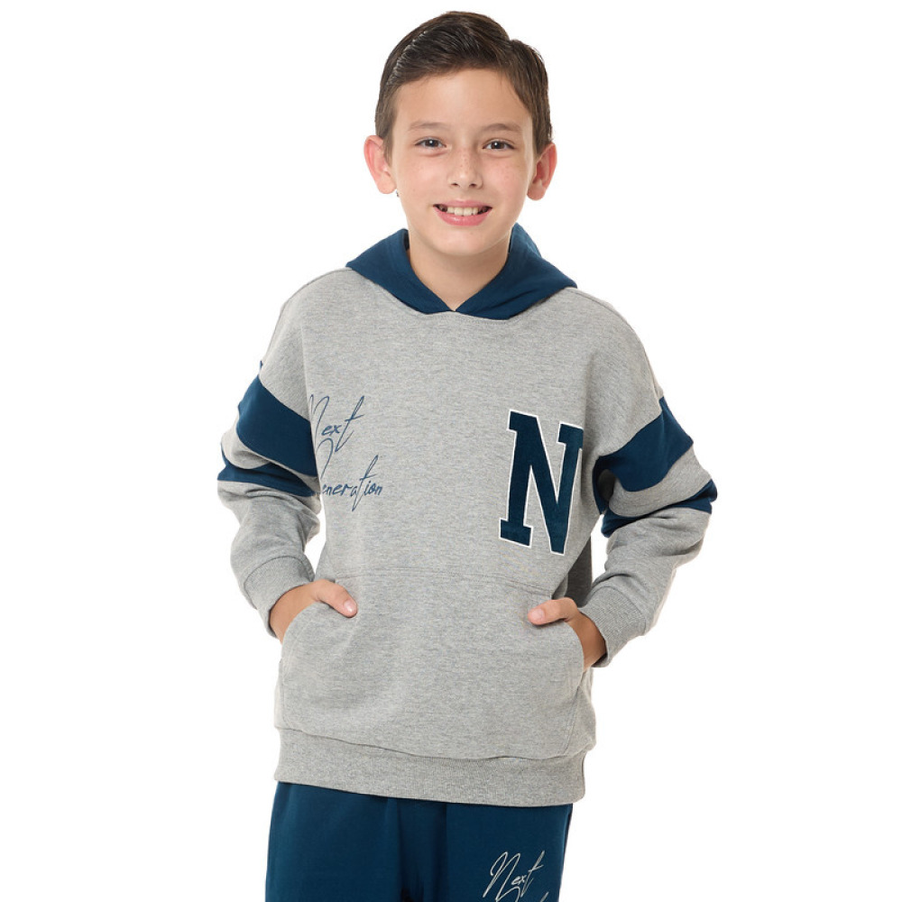 طقم مكون من قطعتين من هودي وبنطال رياضي للأولاد (9-10 سنوات) باللون الرمادي العسكري/الأزرق الداكن - 4