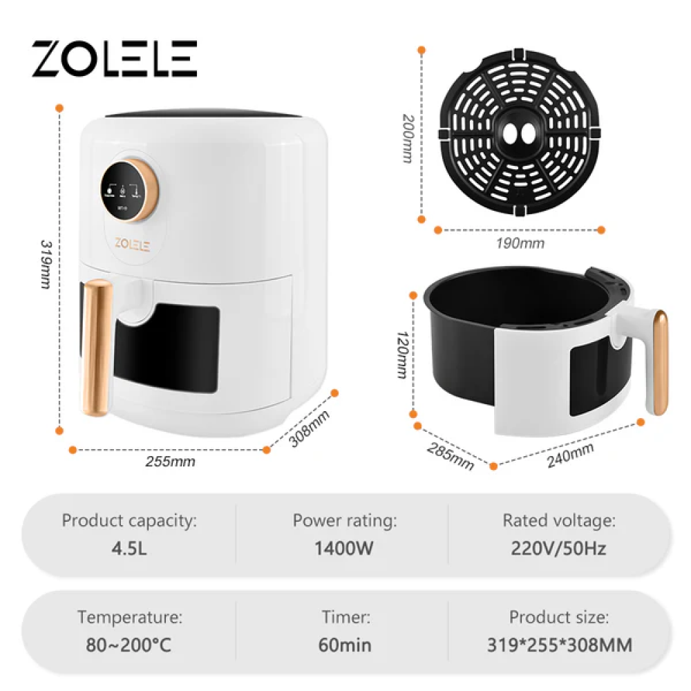 ZOLELE ZA004 Electric Air Fryer 4.5L Capacity Non-Stick Coating Frying Basket Knob Control Temperature 80-200 Degree Celsius 4D Hot Air Circulation - 2