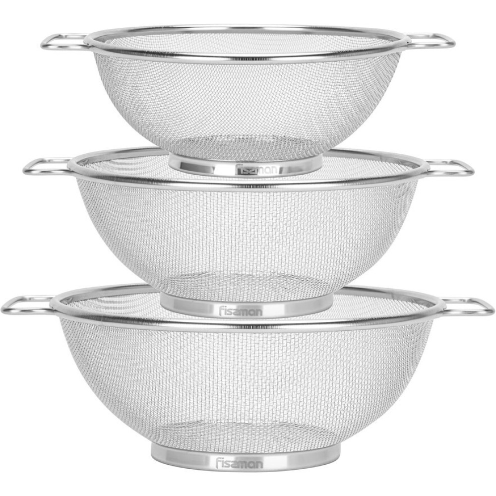 Fissman Strainer Sets with Resting Base - 20cm, 22cm, 26cm - Stainless Steel Colander Strainer with Handle - 1